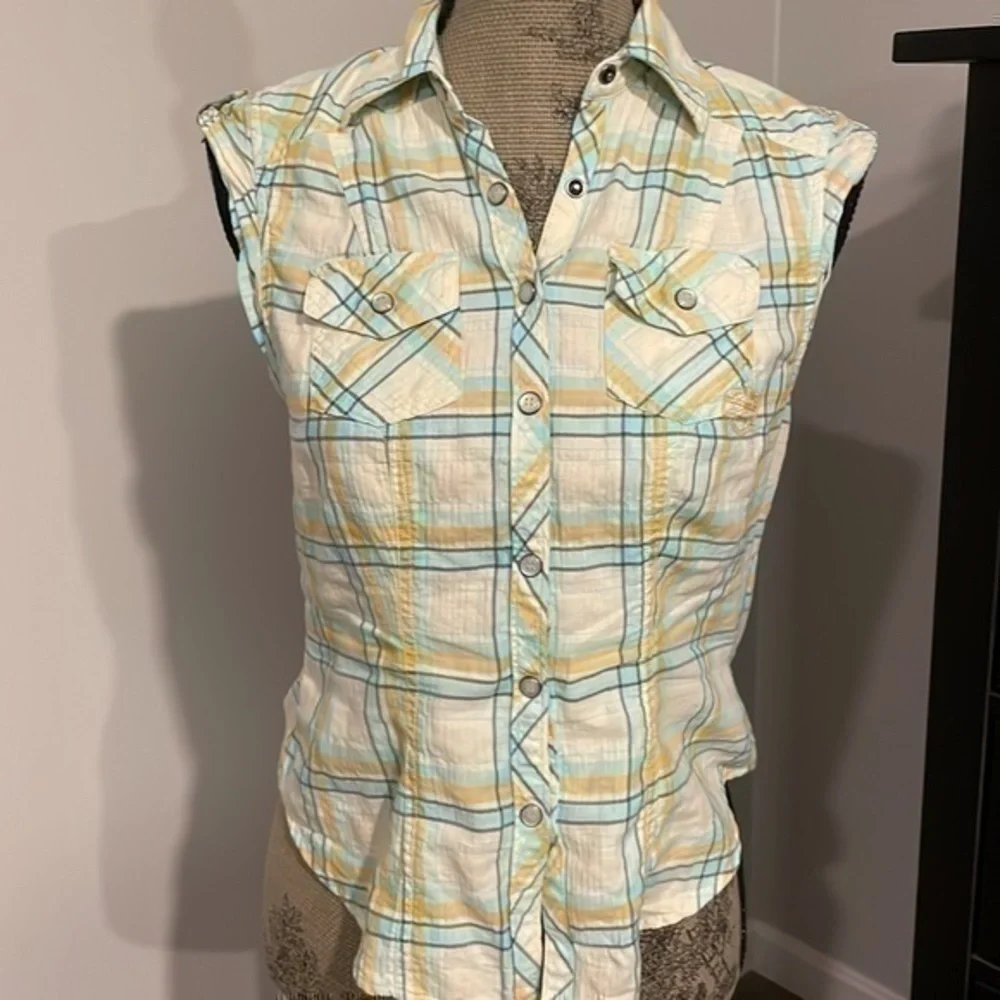 Harley Davidson capped sleeve white/blue/orange plaid embroidered logo top XS - Picture 4 of 13